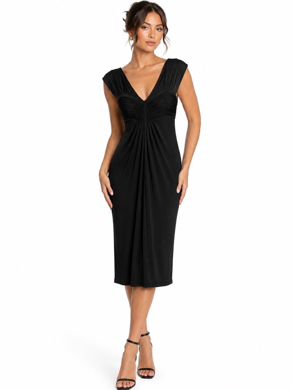 BCBG Max Azria Black Ruched V-Neck Midi Dress XS